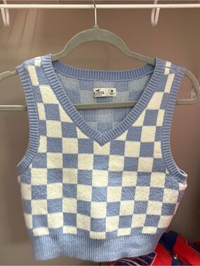 Hollister Light Blue & White Checker Knit Vest